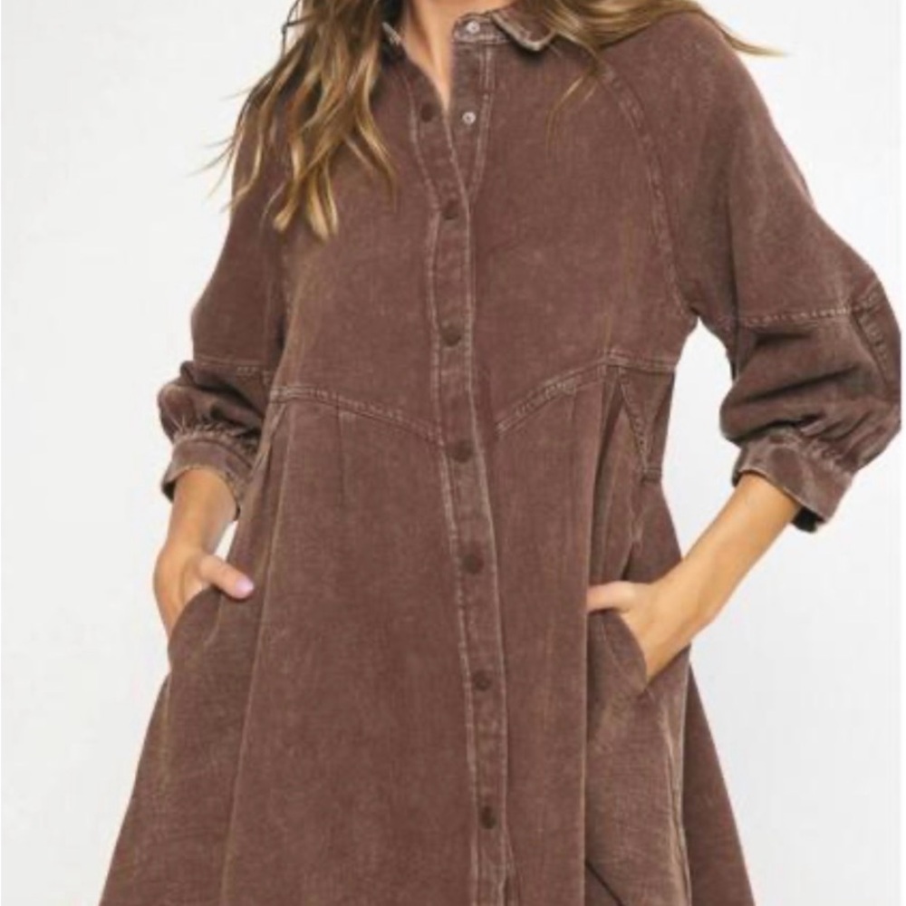 entro Chocolate Brown Button-Front Long Sleeve Shirt Dress